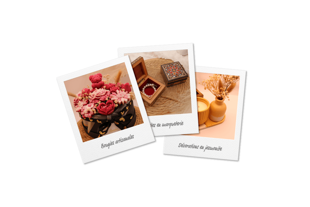 Polaroids bougies artisanales, boites en marqueterie et décorations en jesmonite