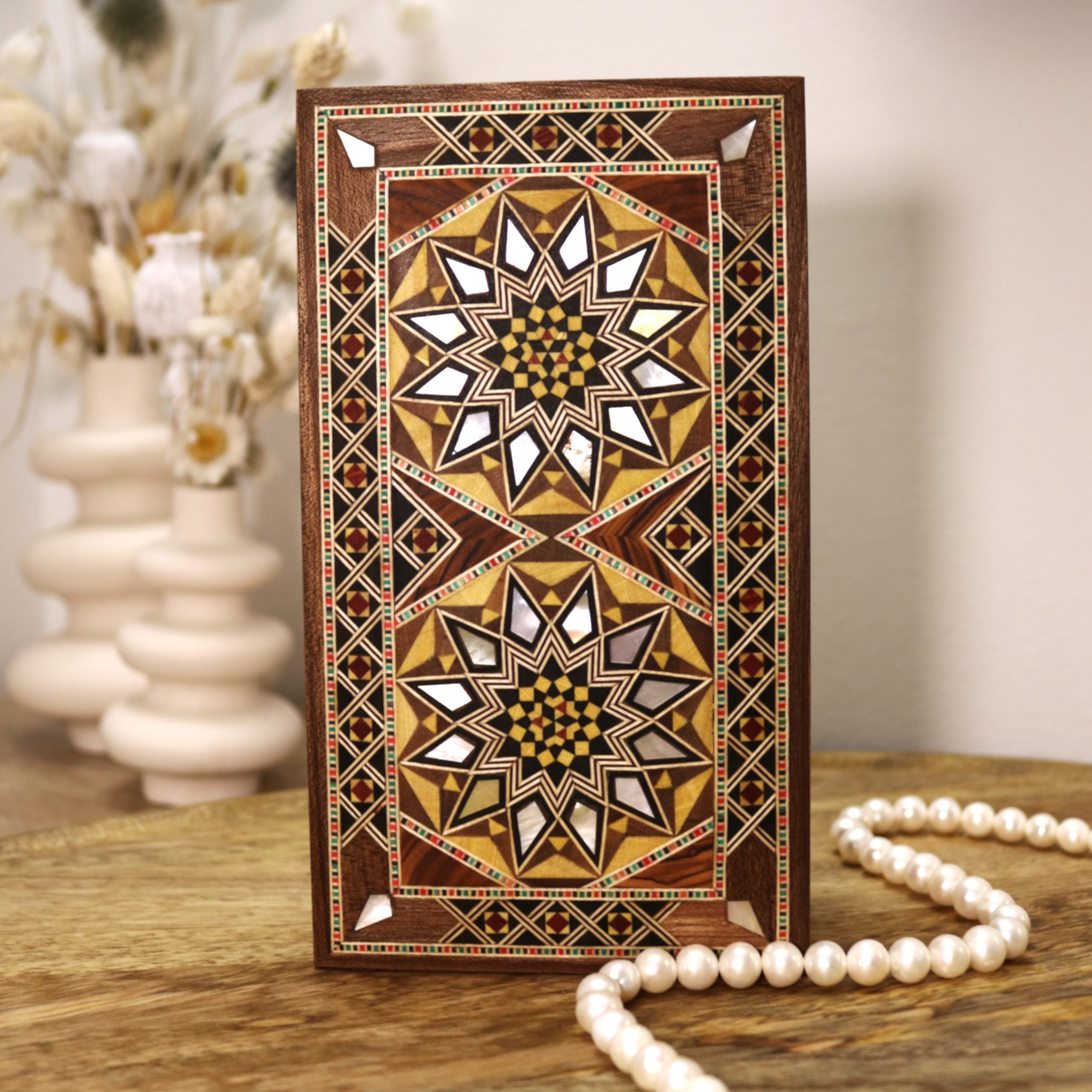 Boîte en marqueterie rectangulaire 18 cm – Double motif étoilé