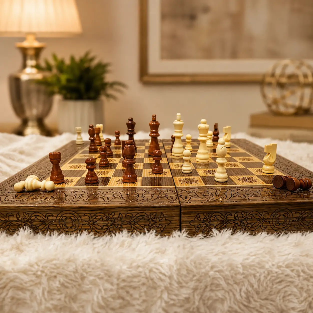 Plateau échecs bois sur coffret jeux marqueterie