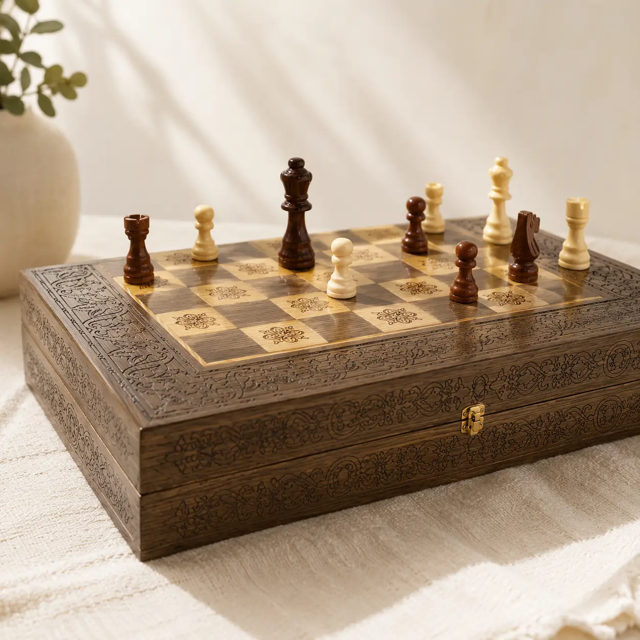 Image 25 juil. 2026, 16_56_08 Coffret jeux marqueterie Prestige 3-en-1 (Échecs, Dames, Backgammon)